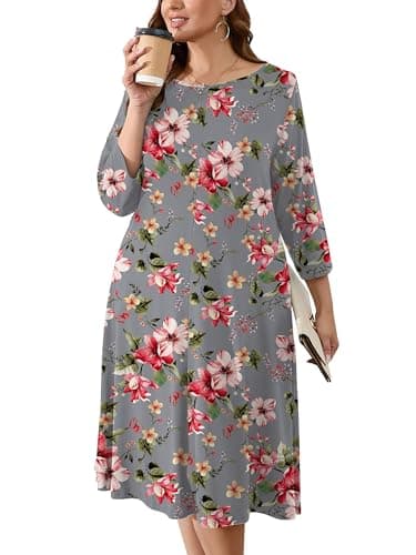 AusLook Women's Plus Midi Dresses Crew Neck A Line 3/4 Sleeves Casual Elegant Loose Flowy Wedding Guest Maternity Vacation Beach Slate Gray Watercolor Bouquet 4X Dress with Pockets - Image 1