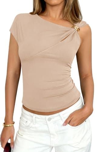 PRETTYGARDEN Womens Summer Tops 2026 One Shoulder Buckle Cut Out Asymmetrical Y2K T-Shirts Knit Spring Going Out Shirts(Light Khaki,Large) - Image 1