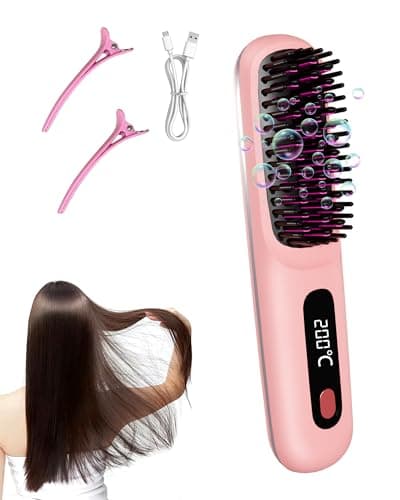 Go Brush Pro 2026 for Short Hair, Portable Straightener Brushs for Travel, with LCD Temperature Display, Fast Heating Cordless Mini Hair Brushs (Pink) - Image 1