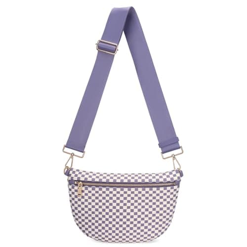WOOMADA Checkered PU Bum Bag Sling Purse with Adjustable Strap for Travel(Cloud Purplean White Check) - Image 1