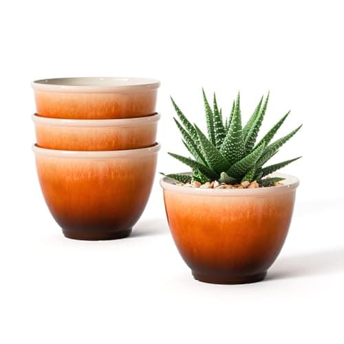 Vanslogreen 8 Inch Plant Pots with Drainage Hole, 4 Pack Plastic Flower Pots, Modern Sleek Decorative Planter for Indoor Outdoor Plants Succulent Snake (Orange) - Image 1