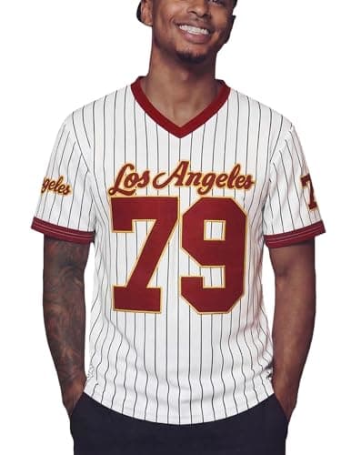 Vamtac Striped Jersey Shirts for Men Baggy Y2K V Neck Number Graphic Tees Summer Tops Bright Red S - Image 1