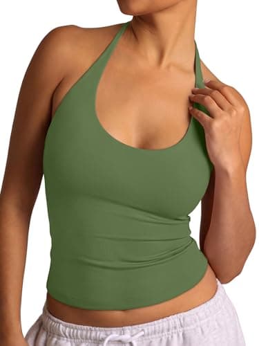REORIA Women's Halter Tank Tops Basic Tie Scoop Neck Backless Double Lined Going Out Outfits Cute Summer Slim Fitted Trendy Sleeveless Shirts Dark Olive Green - Image 1