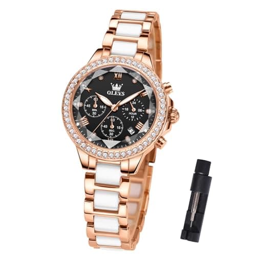 OLEVS Ladies Luxury Watch Black Mother of Pearl Dial Rose Gold Ceramic Stainless Steel Band Diamond Accents Women's Dress Watch Chronograph Elegant Ladies Waterproof Watches Fashion Quartz Watches - Image 1