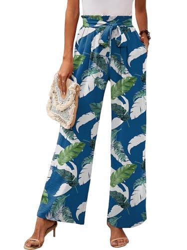 Heymoments Women's Wide Leg Lounge Pants with Pockets Floral Print Medium Lightweight High Waisted Adjustable Tie Knot Loose Comfy Casual Trousers - Image 1
