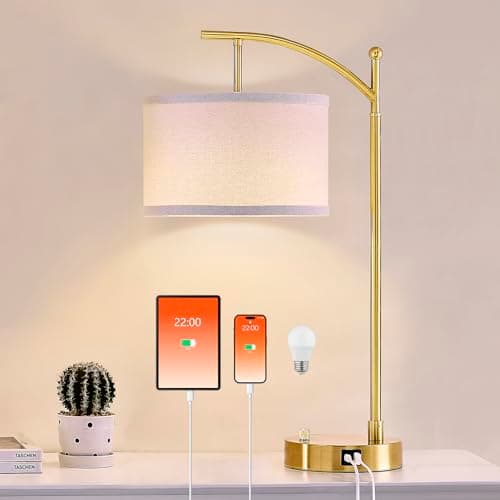 Hikczc Table Lamp for Living Room Bedroom, 23.5" Table Lamp with USB C+A Ports, Bedside Lamp for Nightstand with Linen Lamp Shade, Dimmable LED Bulb Included, Gold - Image 1