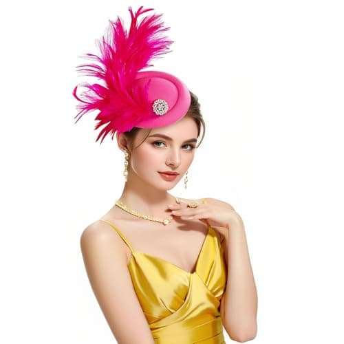 RiJinDuoJin Fascinators Hat Feathers Headband and Clip 20s 50s Pillbox Hats Cocktail Tea Party Headwear - Handmade Derby Hair Clip Feathers Fascinators for Girls and Women - Rose Red - Image 1