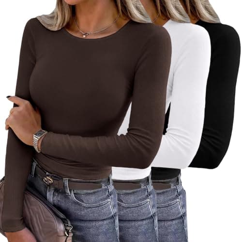 Totatuit Women's Classic Long Sleeve Fitted Top Crew Neck Soft Rayon Blend Stretchy Slim Fit Casual Basic Everyday Shirt Small Black+White+Brown - Image 1