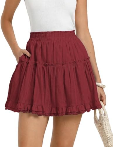 Kate Kasin Women Red Ruffle Mini Skirts with Pockets, Flowy Summer Skorts Dressy Casual, Cotton Skirts with Shorts Underneath S - Image 1