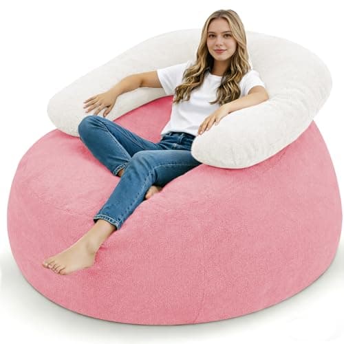 HABUTWAY Giant Bean Bag Chair, Oversized Beanbag Chair with Filler, Ultra Soft Teddy Fleece Bean Bag Lounge Floor Sofa w/U-Shaped Pillow for Gaming, Reading, Pink & Beige - Image 1
