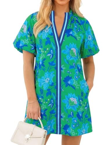 Wenrine Womens Summer Dresses Casual Floral Puff Sleeve V Neck Boho Loose Beach Mini Dress with Pockets - Image 1