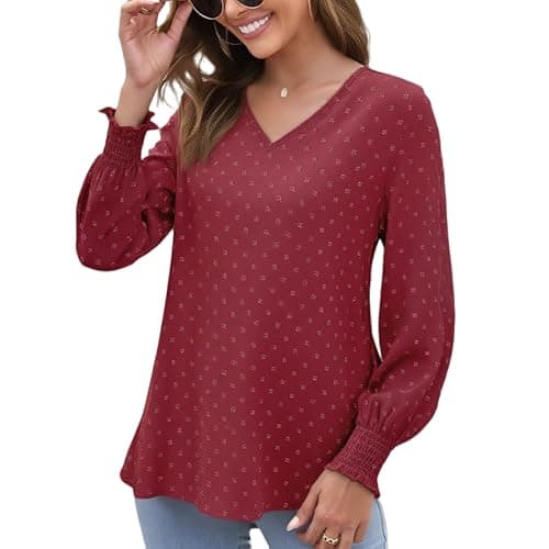 GAMISS Long Sleeve Top for Women Top Swiss Dot Shirt Casual V Neck Ribbed Blouse Trendy Tops Green, L - Image 1