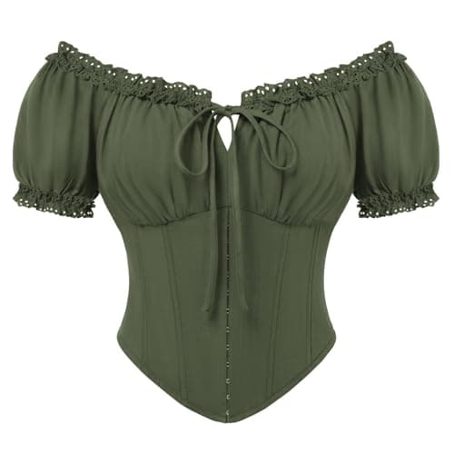Scarlet Darkness Women Corset Tops Renaissance Off the Shoulder Shirt Teens Summer Dressy Lace Square Neck Blouse Olive Green XXL - Image 1