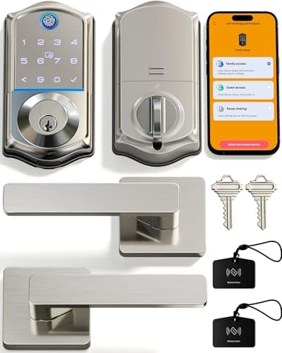 Veise VE017-B Fingerprint Smart Lock for Front Door, App Control, 8-in-1 Keyless Entry Deadbolt with 2 Zinc Alloy Lever Handles Set, Emergency Power Port, Auto Lock, Electronic Keypad, Satin Nickel - Image 1