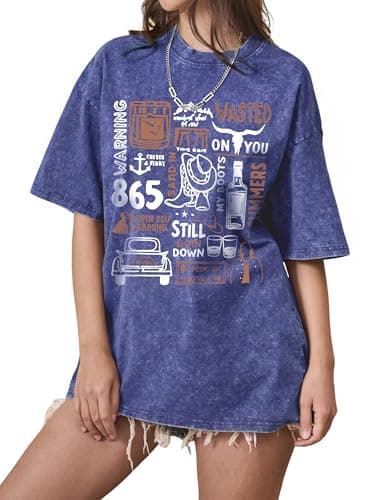Western Shirts for Women Oversized Graphic Tees Vintage Cowboy Rodeo T Shirts Acid Wash Cattle Skull Casual Short Sleeve Tops - Image 1