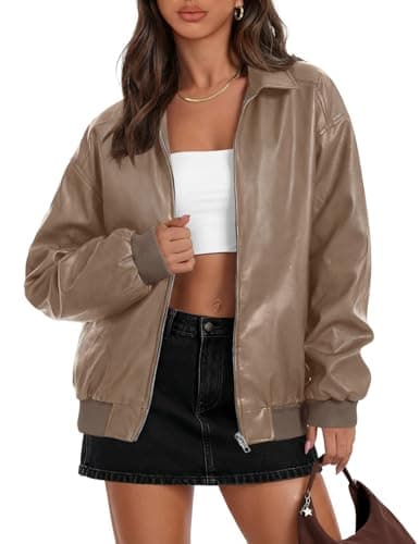 MEROKEETY Women's Winter Spring Oversized Faux Leather Jacket 2026 Fall Zip Up Motorcycle Coats Fashion Outfits Clothes, Khaki, Large - Image 1