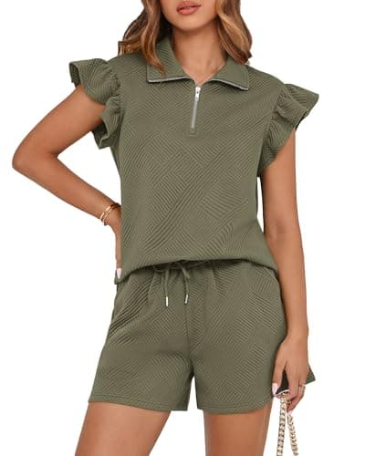 BTFBM Womens 2 Piece Outfits Spring Sweatsuit Zipper V Neck Casual Ruffle Cap Sleeve Tops Drawstring Shorts Lounge Sets(Army Green, Small) - Image 1