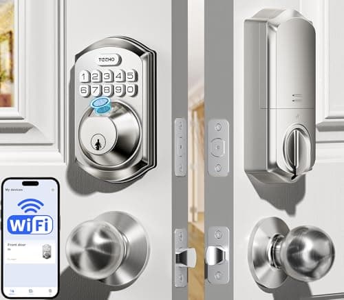 TEEHO TE012W-K WiFi Smart Keyless Entry Door Lock with Handle, Fingerprint Door Knob & Digital Keypad, APP Remote Control, Works with Alexa & Google, Electronic Deadbolt for Front Door, Satin Nickel - Image 1