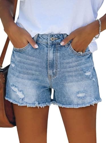 onlypuff Mid Waisted Denim Shorts with Pockets for Women Frayed Raw Hem Ripped Jeans Shorts Hot Jeans Light Blue 16 - Image 1