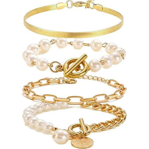 Alegend 14K Gold & Pearl Layered Bracelet Set - Freshwater Pearl, Paperclip Chain & Textured Cuff Stackable Bracelets - Image 1