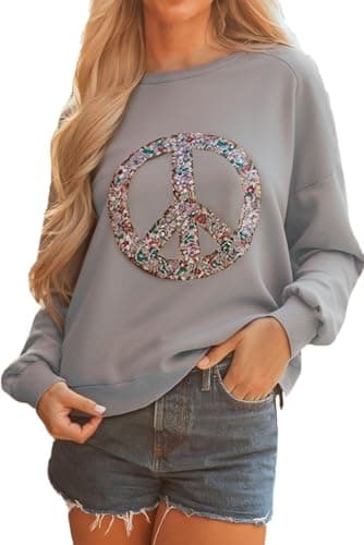 KevaMolly Womens Floral Peace Symbol Drop Shoulder Sweatshirt Oversize Crewneck Casual Pullover (Runs Large, Size Down) Grey-M - Image 1
