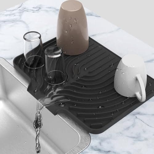 Silicone Drying Mat for Kitchen Counter , Dish Drying Rack Matt with Built in Drain, Small Dry Mats for Dishes Drying Pad for Kitchen Counter (14.6×11inch, black)
