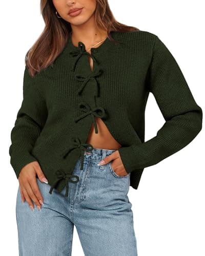 BTFBM Bow Cropped Cardigan Sweaters for Women 2026 Fall Winter Open Front Sweater Long Sleeve Button Fashion Spring Clothes(Army Green, XX-Large) - Image 1
