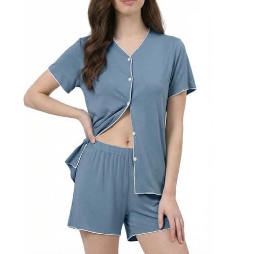 Luwnlorder Womens Pajama Sets Shorts Sleeve Button Down Collarless Lightweight Pjs Lounge Set, Blue, Medium - Image 1