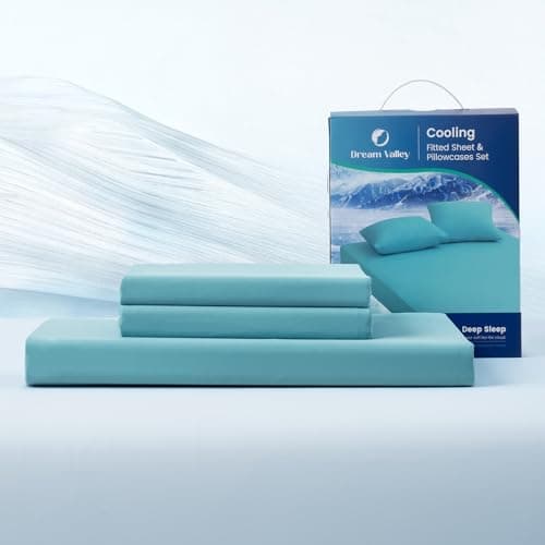 Dream Valley® Queen Sheet Set, Cooling Fitted Sheet with 2 Pillowcase-3 PCS with No Flat Sheet,Q-Max > 0.4 Aerocool, Cooling for Night Sweats, Hot Sleepers,deep Pocket up to 15",Dream Blue - Image 1