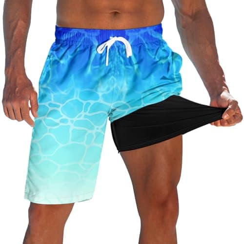 westwolf Men's Swim Trunks with Compression Liner Blue Water Striped 9" Long Board Shorts for Mens Hawaii Quick Dry Cycling Bathing Suits Beach Shorts with Inner Pocket Holiday Running Swim Shorts M - Image 1