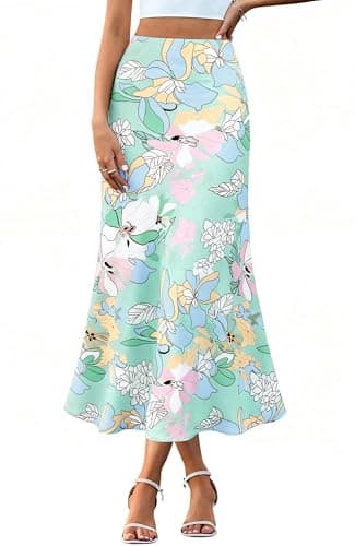 BTFBM Satin Skirts for Women 2025 Fall High Waisted A-Line Leopard Print Cocktail Wedding Long Silk Summer Midi Skirt(Big Floral Light Blue, Medium) - Image 1