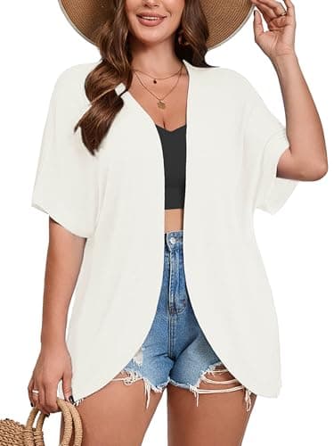 AusLook Women's Plus Size Short Sleeve Lightweight Open Front Cardigan White 2X Cover Ups Shrugs Shawls and Wraps Kimono Jacket Coat - Image 1