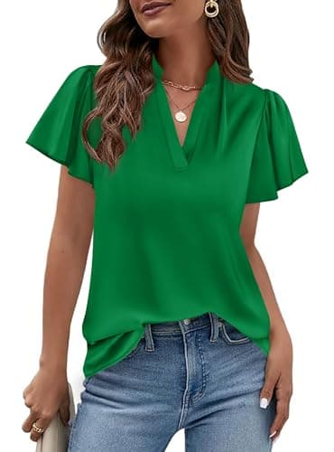 PRETTYGARDEN Women's 2026 Summer Satin Blouses Dressy Casual Ruffle Cap Sleeve V Neck Business Work Cute Tops Spring Outfits (Green,XX-Large) - Image 1