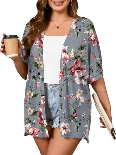 AusLook Plus Size Printed Cardigan for Women 4X Short Sleeve Lightweight Open Front Shrug with Pockets for Dresses and Layering - Image 1