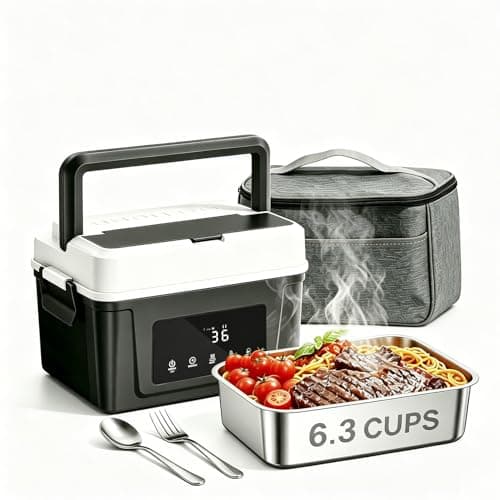 6.3-Cup Heated Lunch Box, Cordless Electric Lunch Box Battery Powered, Portable Food Warmer with Automatic Heater-3D-5 Side, Utensils Slot, Removable Divider Lunchbox for Car Truck Travel Office - Image 1