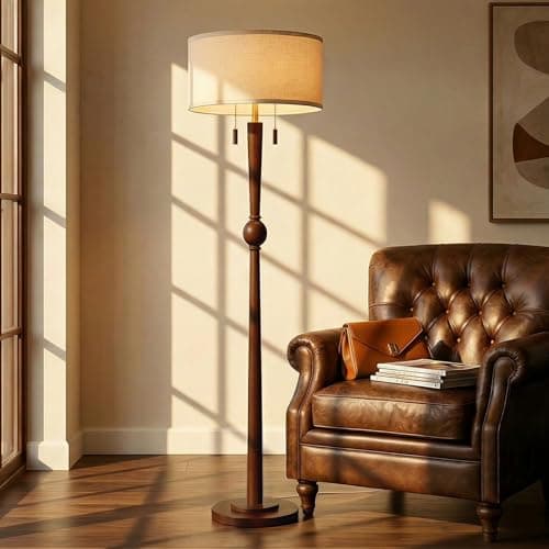 MOFFE 62.8" Solid Wood Floor Lamp,Tall Standing Floor Lamp with 2-Light Pull Chain, 17" Linen Drum Shade, Sculptural Wood Base & Stem,Transitional Floor Lamp for Living Room Bedroom, Includes 2 Bulbs - Image 1