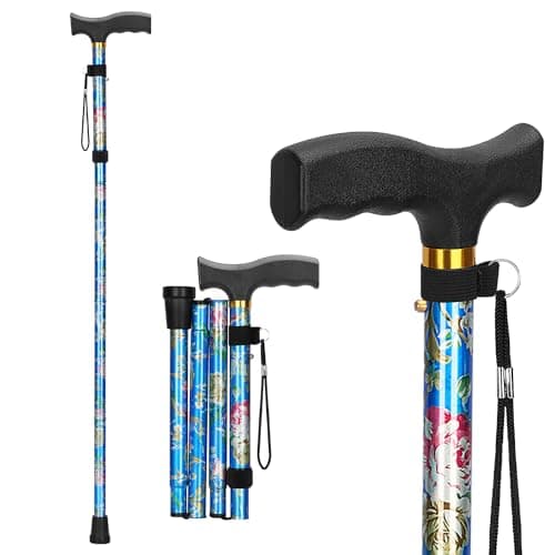 supregear Folding Cane, Lightweight 5-Level Adjustable Walking Stick with Wrist Strap and T-Handle, Portable Mobility Aid for Elderly and Disabled Men and Women, Floral Blue - Image 1
