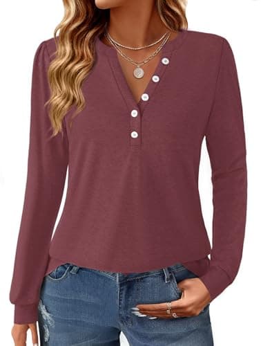 GKBK Women's Puff Long Sleeve Tunic V Neck Button Blouses Fall Tops Trendy Dressy Casual Business Henley Shirts Wine Red S - Image 1