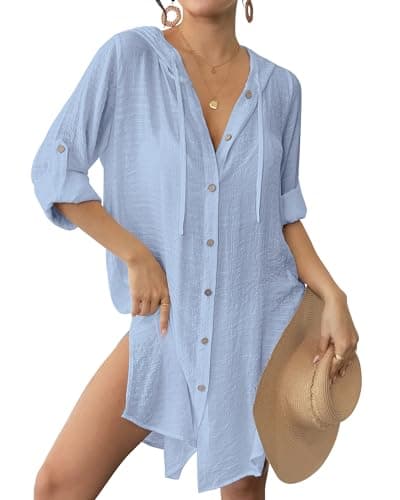 Bsubseach Bathing Suit Cover Up for Women Long Sleeve Swimsuit Coverup Sheer Dresses Button Down Hooded Beach Shirt Light Blue XL - Image 1