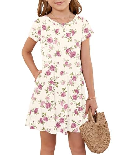 Tween Girls Short Sleeve Summer Boho Dress Kids Casual Crewneck Spring Twirl Party Dress with Pockets 2026 Pink Rose 13-14 Years - Image 1