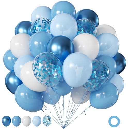 60Pcs Blue and White Balloons, 12Inch Metallic Dusty Light Blue White Confetti Balloons for Baby Shower Wedding Bridal Shower Birthday Party Decorations