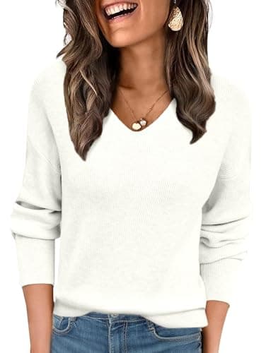 DancingYarns Womens V Neck Wool Sweater Fall Winter Spring 2026 Trendy Ladies Dressy Business Casual Outfits Sexy Lightweight Soft Cozy Knit Long Sleeve Pullover Work Tops White XL - Image 1