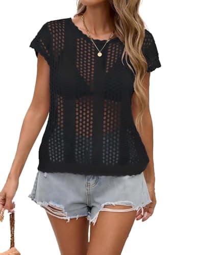 BreathSunny Womens Crochet Knit Top Swimsuit Coverup Summer 2026 Crew Neck Hollow Out Cap Sleeve Mesh Shirt Swimwear Beach Swim Bikini Bathing Suit Cover Up for Women Black M - Image 1