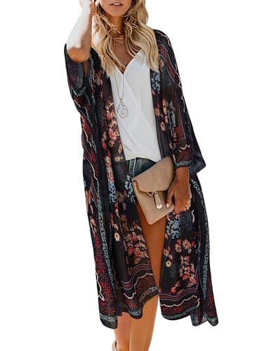 Kimonos for Women Casual Swimsuit Coverup Lightweight Boho Kimono Cardigans for Summer Floral Beach Bathing Suit Black Floral 3X-Large - Image 1
