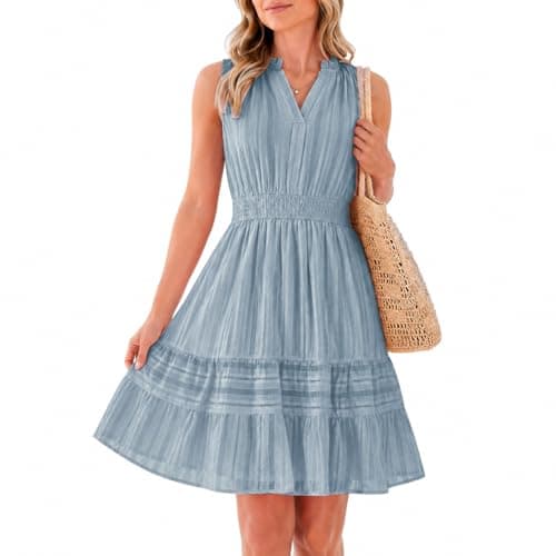 Modelshow Summer Dresses for Women 2026 Casual Mini Sundress V Neck Sleeveless A Line Flowy Boho Beach Dress with Pockets Grey Blue - Image 1