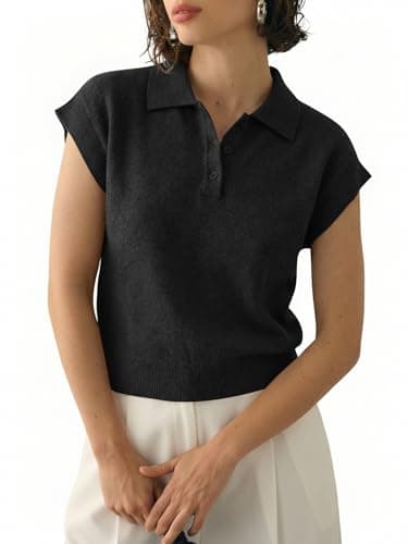 Saodimallsu Womens Cap Short Sleeve Sweater Top Summer Polo Shirts Button Collared Knit Business Casual Pullover Sweater Black - Image 1