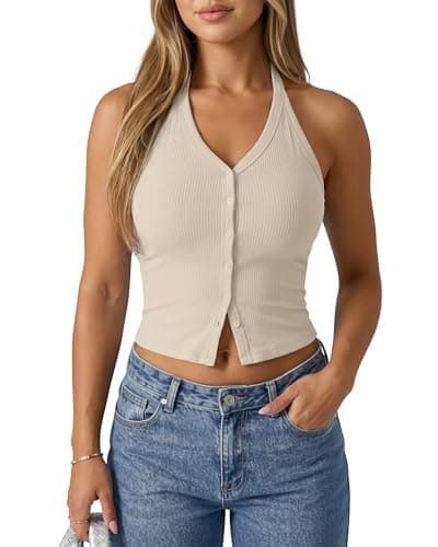 G4Free Halter Going Out Top Ribbed Slim Fit Cropped Tanks Y2K Backless Rib Crop Cami Tank Tops (Light Khaki,L) - Image 1