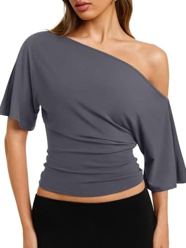 REORIA Womens Off The Shoulder Tops Y2k 2026 Summer Cinched Waist T-Shirts - Image 1