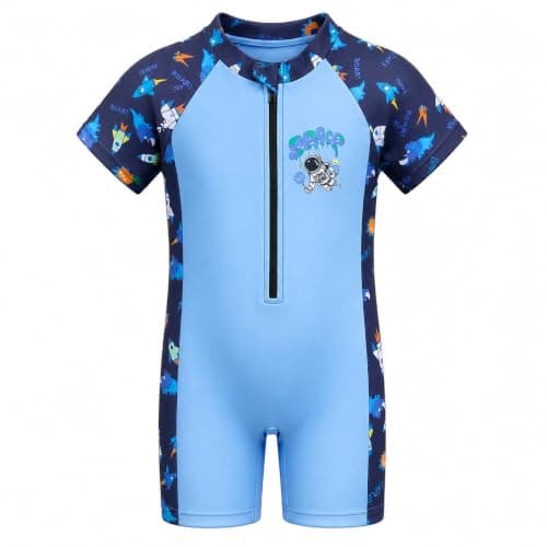 DivingBirds Toddler Boy Rash Guard Swimsuit Short Sleeve,Baby Boy One Piece Swimwear Sun Protection Bathing Suit,Blue Rocket,3-6 Months - Image 1