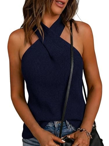 LaGracia Women's Halter Criss Cross Crochet Tops Knit Sleeveless Sweater for Women Tank Trendy Elegant Spring Summer Outfits 2026 Navy L - Image 1